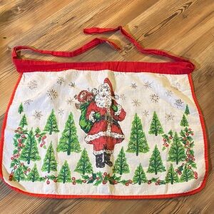Vintage linen Christmas half apron with a Santa Claus & winter scene design
